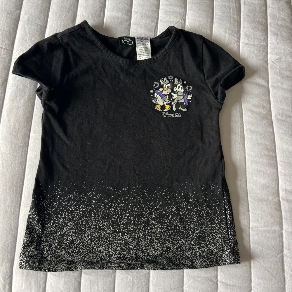 Kids Disney 100 Years of Wonder Minnie Daisy T Shirt Black Glitter Size 120